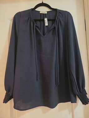 NWT Heimious Blouse..Made In the Los Angel Slate Blue Tie-Front Blouse - Women's